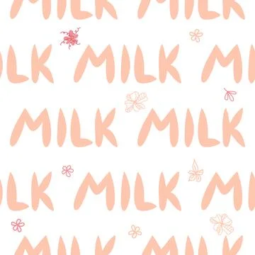 Cute seamless pattern of milk splashes and the inscription Milk, Cow, Love. F 스톡 일러스트