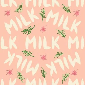 Cute seamless pattern of milk splashes and the inscription Milk, Cow, Love. F Stock Illustration