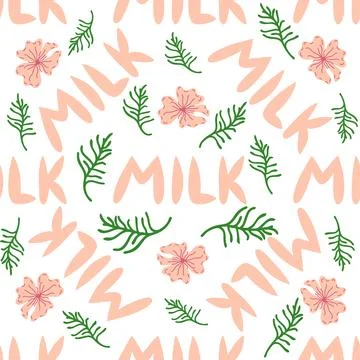 Cute seamless pattern of milk splashes and the inscription Milk, Cow, Love. F イラスト素材