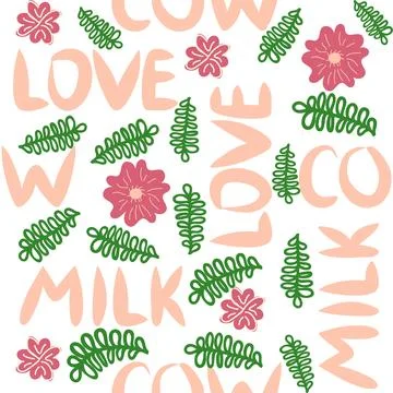 Cute seamless pattern of milk splashes and the inscription Milk, Cow, Love. F Illustrazione stock