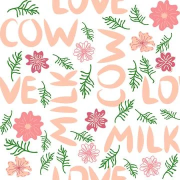 Cute seamless pattern of milk splashes and the inscription Milk, Cow, Love. F イラスト素材