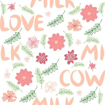 Cute seamless pattern of milk splashes and the inscription Milk, Cow, Love. F Stock Illustration