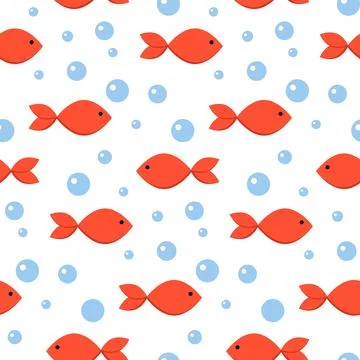 Cute seamless pattern with minimalistic red fishes and bubbles on white. Desi Illustrazione stock