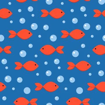 Cute seamless pattern with minimalistic red fishes and bubbles on dark blue b Illustrazione stock