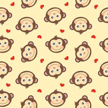 Cute Seamless Pattern of Monkey Heads with Red Hearts Stock Illustration