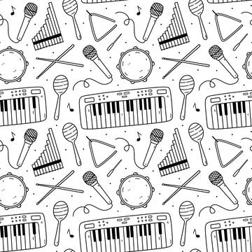 Cute seamless pattern with musical instruments Stock Illustration