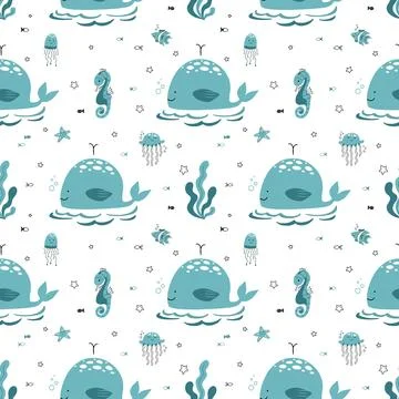 Cute seamless pattern nautical theme. Ocean and sea life background for children Stock Illustration