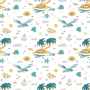 Cute seamless pattern nautical theme. Ocean and sea life background for children Stock Illustration