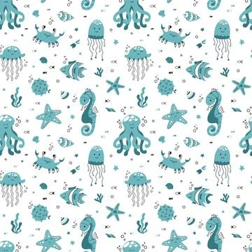 Cute seamless pattern nautical theme. Ocean and sea life background for children Stock Illustration