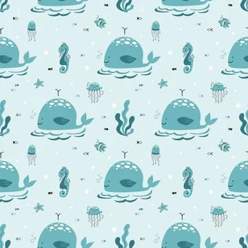 Cute seamless pattern nautical theme. Ocean and sea life background for children Stock Illustration