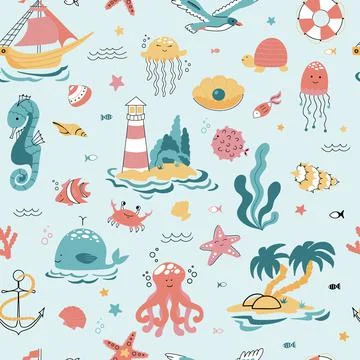 Cute seamless pattern nautical theme. Ocean and sea life background for children Stock Illustration
