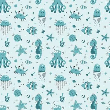 Cute seamless pattern nautical theme. Ocean and sea life background for children Stock Illustration