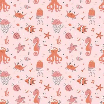 Cute seamless pattern nautical theme. Ocean and sea life background for children Stock Illustration