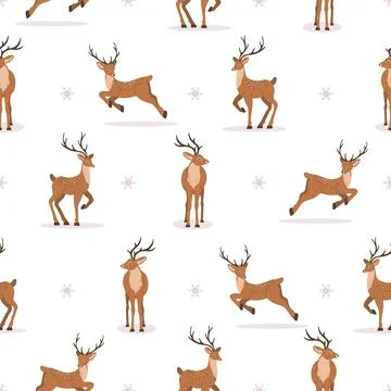 Cute seamless pattern with noble sika deer. Reindeers with antlers in different Illustrazione stock