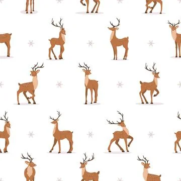 Cute seamless pattern with noble sika deer. Reindeers with antlers in different Illustrazione stock