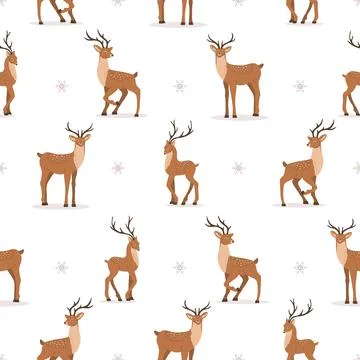 Cute seamless pattern with noble sika deer. Reindeers with antlers in different Illustrazione stock