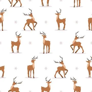 Cute seamless pattern with noble sika deer. Reindeers with antlers in different Illustrazione stock