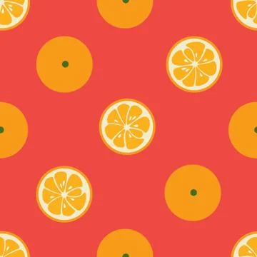 Cute seamless pattern with orange slices on red background Stock Illustration