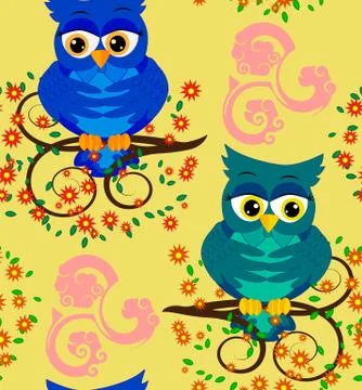 Cute seamless pattern with owls and stars in pastel colors. Vector illustrati イラスト素材