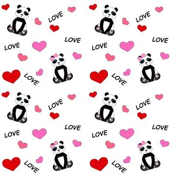 Cute seamless pattern with pandas and hearts. Background for children Stock Illustration