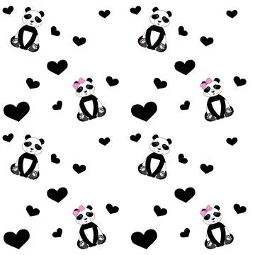 Cute seamless pattern with pandas and hearts. Background for children Stock Illustration