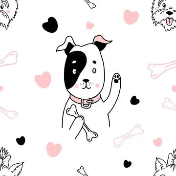 Cute seamless pattern with pets. Funny dog with bone in its paw and Yorkshire te Illustrazione stock
