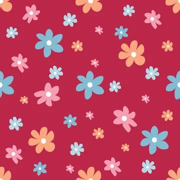 Cute seamless pattern with pink and blue flowers on Viva Magenta background Stock Illustration