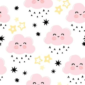 Cute seamless pattern with pink clouds Stock Illustration