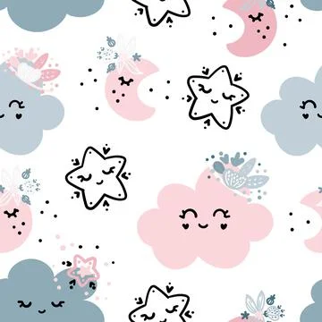 Cute seamless pattern with pink clouds Stock Illustration