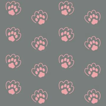 Cute seamless pattern with pink paw prints on grey background Illustrazione stock