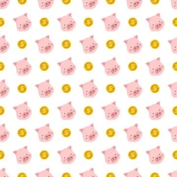 Cute seamless pattern with pink pig and gold coin Illustrazione stock
