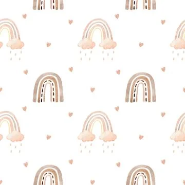 Cute seamless pattern with pink rainbows, clouds and hearts Stock Illustration