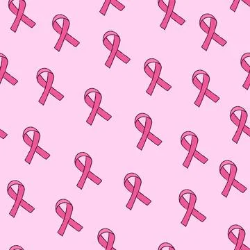 Cute seamless pattern with pink ribbon for breast cancer awareness. Vector .. Stock Illustration