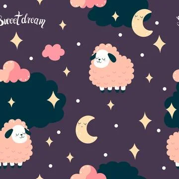 A cute seamless pattern with pink sheep, stars and clouds on a dark purple ba イラスト素材