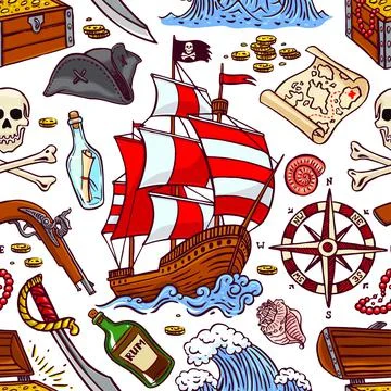 Cute seamless pattern of a pirate ship and attributes. hand-drawn illustratio Stock Illustration