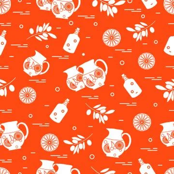 Cute seamless pattern with pitcher of sangria, orange, bottle of olive oil an Stock Illustration