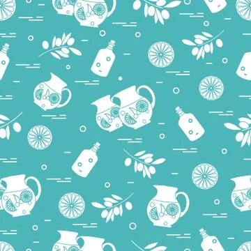 Cute seamless pattern with pitcher of sangria, orange, bottle of olive oil an Stock Illustration