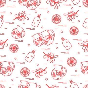 Cute seamless pattern with pitcher of sangria, orange, bottle of olive oil an Illustrazione stock