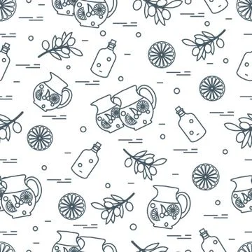Cute seamless pattern with pitcher of sangria, orange, bottle of olive oil an Stock Illustration