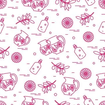 Cute seamless pattern with pitcher of sangria, orange, bottle of olive oil an Stock Illustration