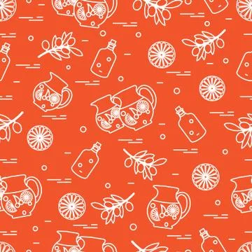 Cute seamless pattern with pitcher of sangria, orange, bottle of olive oil an Stock Illustration