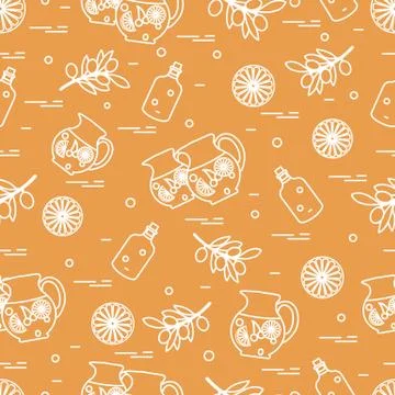 Cute seamless pattern with pitcher of sangria, orange, bottle of olive oil an Illustrazione stock