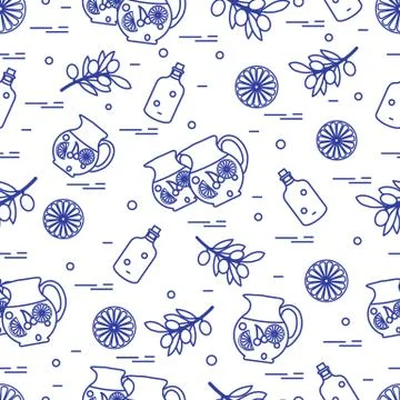 Cute seamless pattern with pitcher of sangria, orange, bottle of olive oil an Illustrazione stock