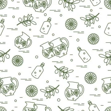 Cute seamless pattern with pitcher of sangria, orange, bottle of olive oil an Stock Illustration