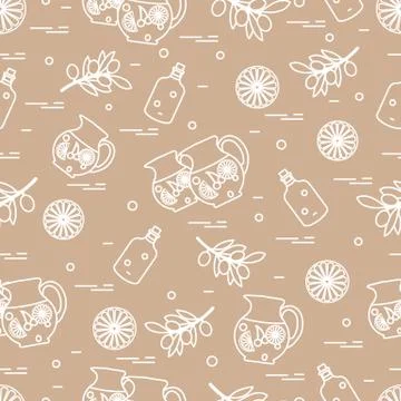 Cute seamless pattern with pitcher of sangria, orange, bottle of olive oil an Stock Illustration