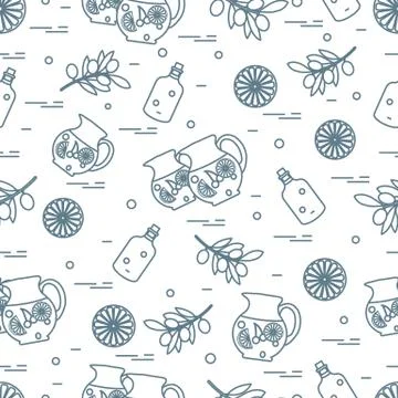 Cute seamless pattern with pitcher of sangria, orange, bottle of olive oil an Stock Illustration