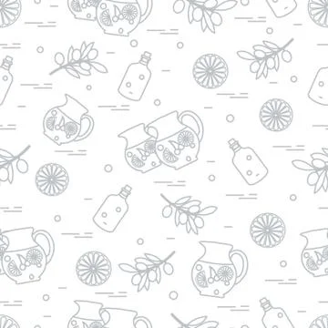 Cute seamless pattern with pitcher of sangria, orange, bottle of olive oil an Stock Illustration