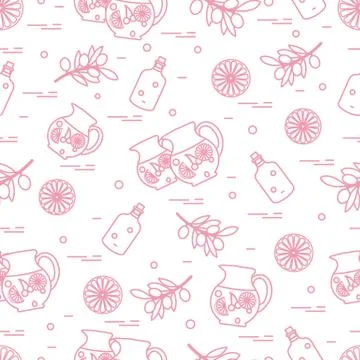 Cute seamless pattern with pitcher of sangria, orange, bottle of olive oil an 스톡 일러스트
