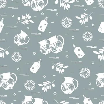 Cute seamless pattern with pitcher of sangria, orange, bottle of olive oil an Stock Illustration