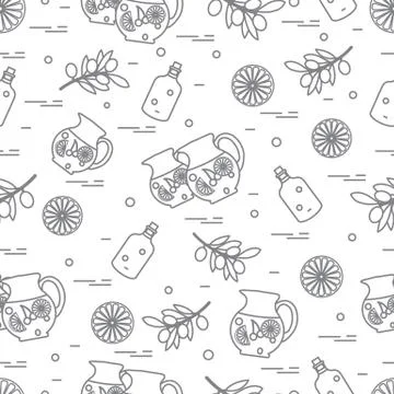 Cute seamless pattern with pitcher of sangria, orange, bottle of olive oil an Stock Illustration